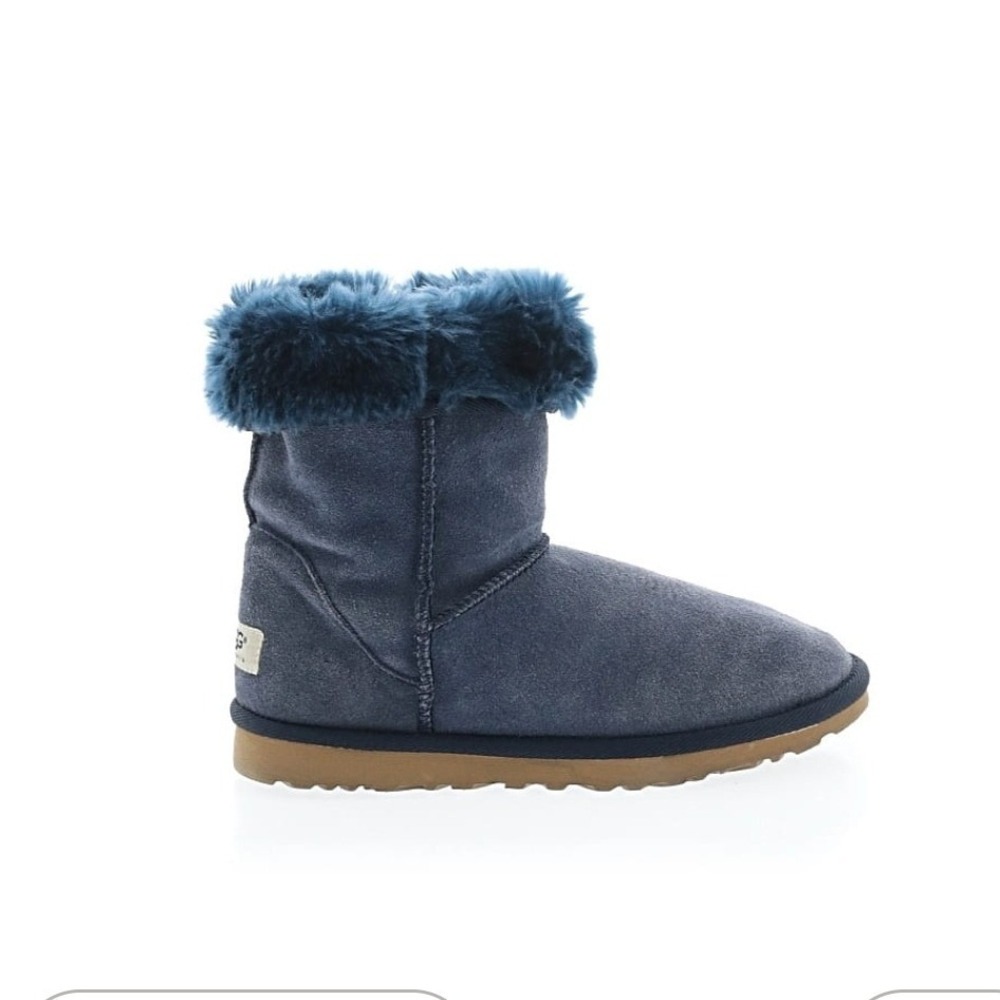 Ugg Australia Navy Blue Suede Ankle Boots Faux Fur Trim Women Size 8 Wide